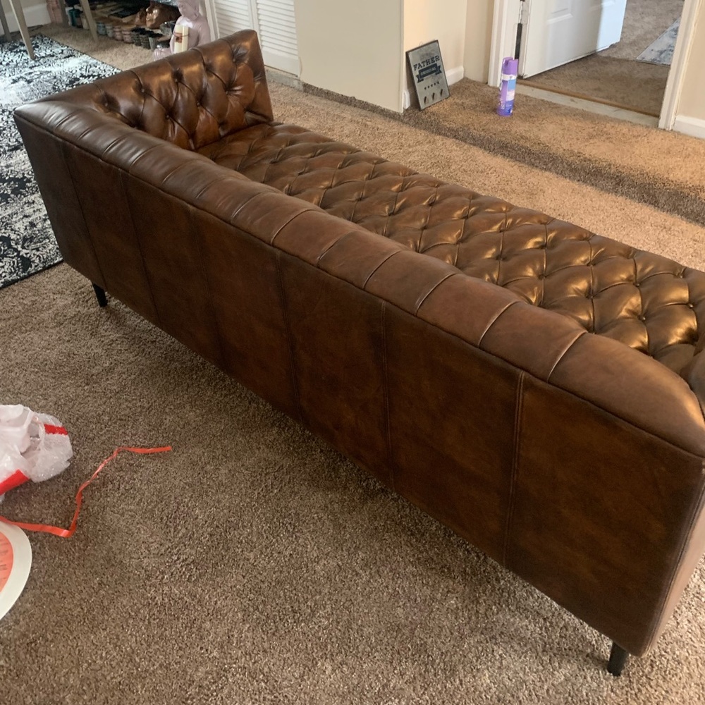 Joybird tufted mid century leather couch